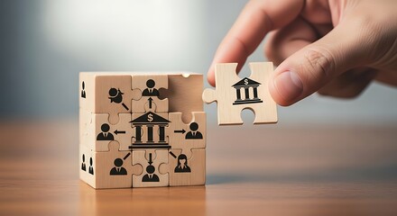 Hand holding a puzzle piece with a bank icon to complete a cube with people icons, representing financial network