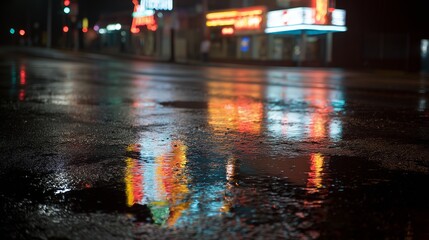 City street at night reflecting neon lights after rain