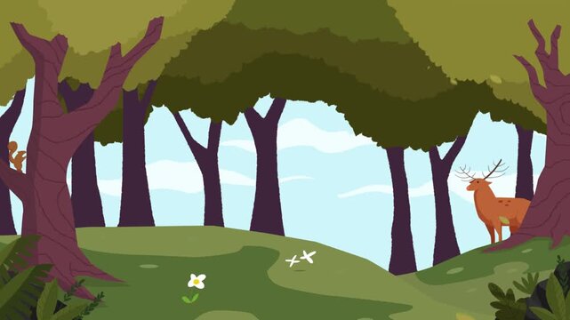 A cartoon forest scene with trees a deer and a squirrel under a partially visible sky. Flat graphic animated cartoon