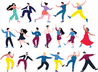 Colorful flat illustration of diverse dancing people group