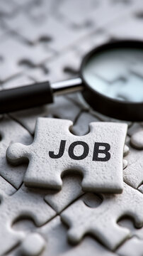 The word "WORK" with a puzzle and magnifying glass. A puzzle with the concept of job searching. A puzzle piece and magnifying glass with the word "WORK."