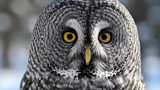 Close up of a Great Grey Owl's intense gaze, highlighting its striking yellow eyes and detailed feather patterns