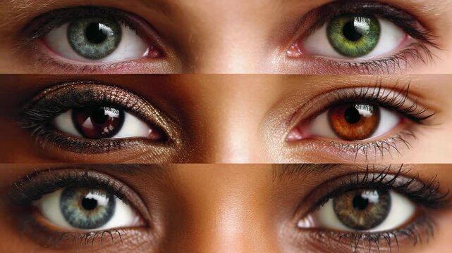 Diverse close-up of human eyes showcasing various colors and textures for beauty and diversity themes