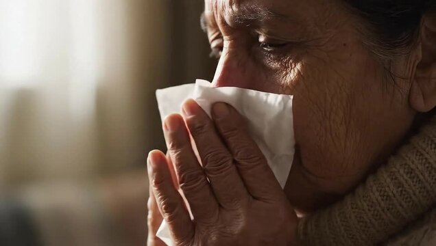 Elderly Woman Emotional Portrait Suffering From Allergies Holding Tissue Facial Expression Indoor Environment