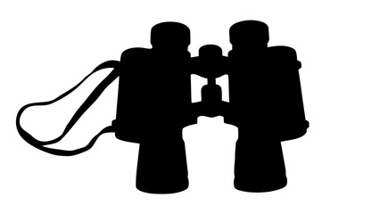 Silhouette of binoculars with a strap, set against a stark white background, showcasing optical clarity