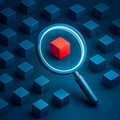 Magnifying glass highlighting standout red cube among blue blocks