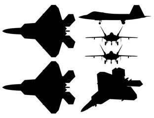 Set of black fighter jets in silhouette against a white background, a stark combat-ready set.