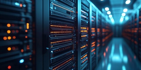 Computer, microchip, and processor technology for cybersecurity and futuristic database infrastructure. Hardware with CPU closeups in cloud computing mainframes for efficient, Generative AI