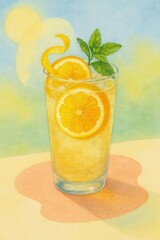 Fototapeta premium Refreshing citrus beverage with sparkling bubbles adorned with lemon slices and mint leaves radiating summer vibes in a cheerful outdoor setting