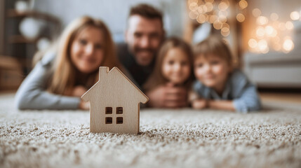 A family of four lies on the floor in front of a wooden model house. The house sits on a carpet and is the focal point in the foreground. Concept for a family mortgage. Buying an apartment or house.