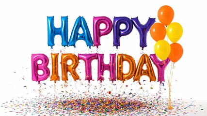 Vibrant foil balloons spelling 'Happy Birthday' with colorful confetti and festive helium balloons, perfect for joyful celebrations and party greetings