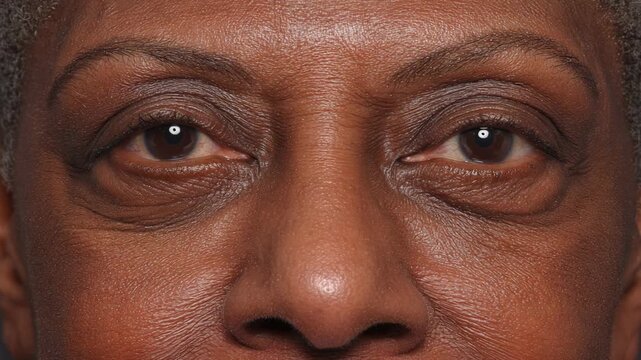Close-up of a wise and thoughtful mature person's face showcasing deep expressions and rich skin texture