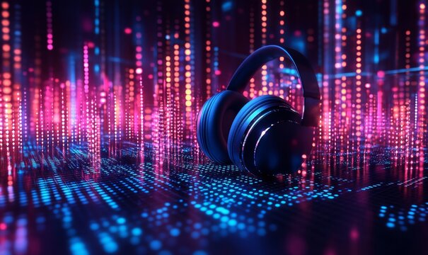 Hologram, digital music, and technology with an audio program head displayed against a dark background for sound streaming. Cyber metaverse technology and virtual gaming, Generative AI