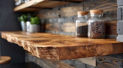 Rustic wooden countertop with exposed edge,  jars of spices, and plants on shelves.