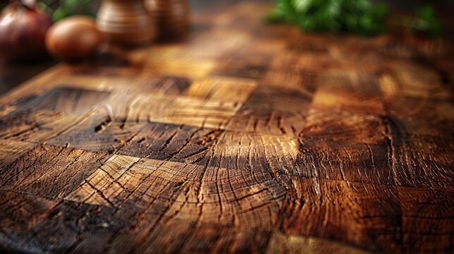 Rustic wooden cutting board with spices and vegetables in the background.
