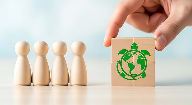Hand putting wooden cube with green turtle earth icon near wooden dolls, concept of environmental protection and sustainability - Powered by Adobe