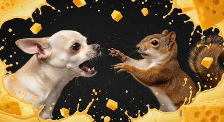 Fierce chihuahua dog and squirrel in a dramatic confrontation surrounded by floating cheese cubes