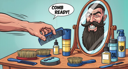 Hand combing beard in mirror with grooming products on table - Concept of No Shave November, comic-like caricature  