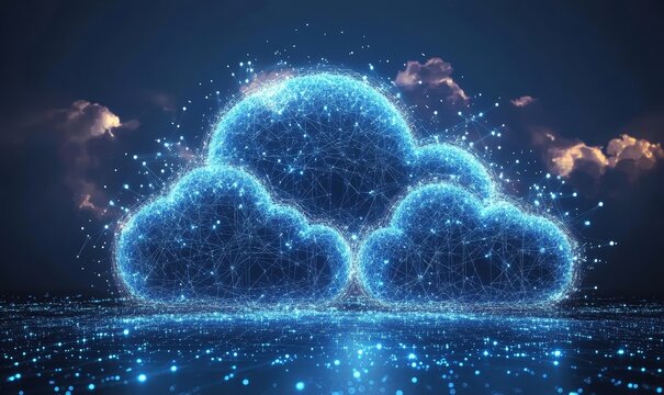 Technology, abstract sky with cloud computing for global connectivity and digital links. Cybersecurity, big data storage, and the future of information technology, visualized on Web 3.0, Generative AI