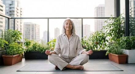 Mujer madura serena practicando meditaci&oacute;n yoga al aire libre en el balc&oacute;n de su apartamento urbano rodeada de plantas y huerto