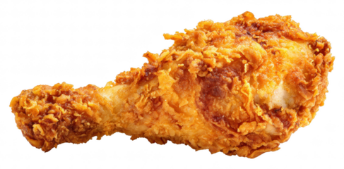 Fried chicken leg with crunchy coating, isolated on transparent background, fast food concept, high-resolution detail, bright lighting