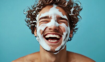 Man laughing with foam on his face in the studio, enjoying a skincare routine with soap for shaving. A joyful, happy moment captured with a humorous vibe, perfect for meme creation, Generative AI