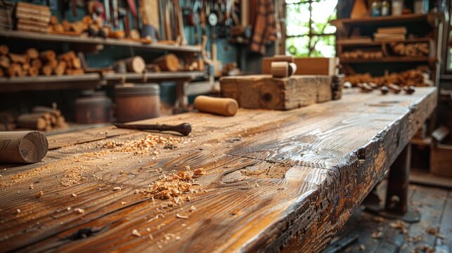 Woodworking workbench filled with sawdust and tools in a vintage workshop. - Powered by Adobe