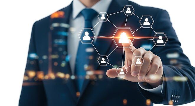 Businessman touching virtual screen with network connection, symbolizing modern business communication and global connectivity concept