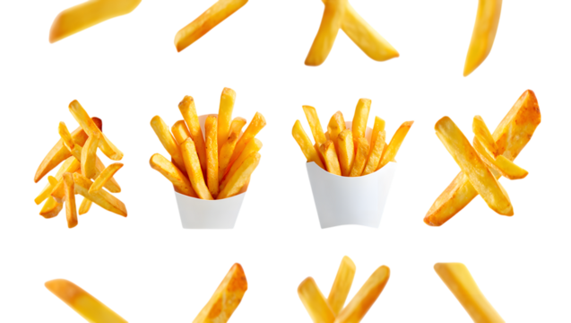 Collection of golden french fries arranged in a grid on a black background