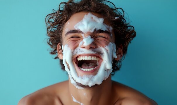 Man laughing with foam on his face in the studio, enjoying a skincare routine with soap for shaving. A joyful, happy moment captured with a humorous vibe, perfect for meme creation, Generative AI