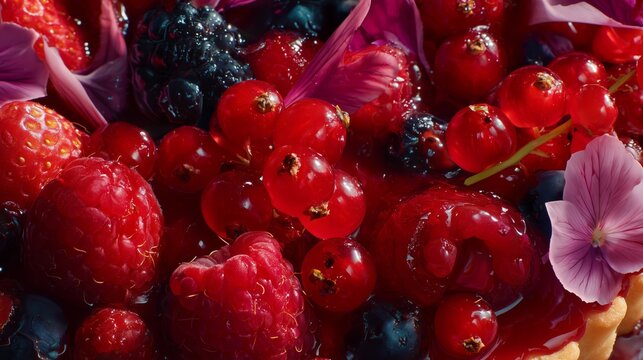 Sweet berry tart topped with fresh berries and edible flowers at a summer event