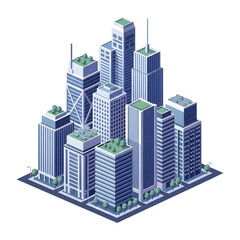 Obraz premium Modern Isometric Cityscape with Tall Buildings and Lush Greenery
