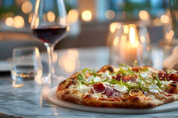Pizza with a variety of toppings sits on a white table next to a wine glass and a candle. Concept of indulgence and relaxation, as the pizza and wine are typically associated with leisurely meals