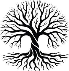Stylized tree of life illustration with swirling branches and roots, elegant nature silhouette symbolizing growth, strength, balance, harmony, spiritual connection
