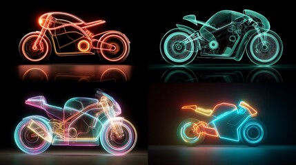 Abstract vector art illustration of a glowing bicycle shape in a smoky black background with stars and a color wave pattern