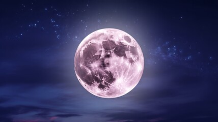 Gigantic Pink Moon in Dreamlike Night Sky with Vibrant Clouds and Stars
