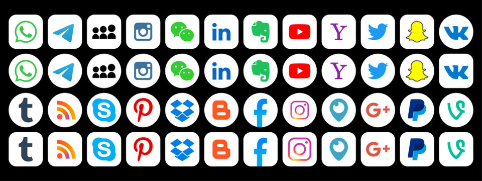 Collection of popular social media logos_ Facebook, Twitter, LinkedIn, Instagram, WhatsApp, Youtube, Blogger and other