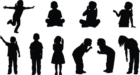 Silhouette children vector set, playful poses, talking, sitting, jumping, pointing, whispering, black figures, expressive motion, childhood activity, design