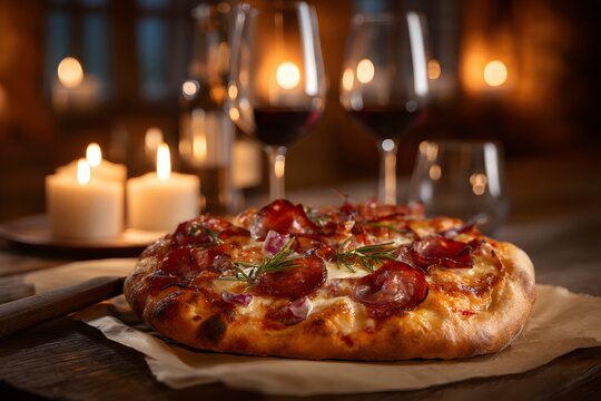 Pizza with pepperoni and onions sits on a table with candles and wine glasses. Scene is cozy and intimate, as the pizza is served in a relaxed setting with candles and wine - Powered by Adobe