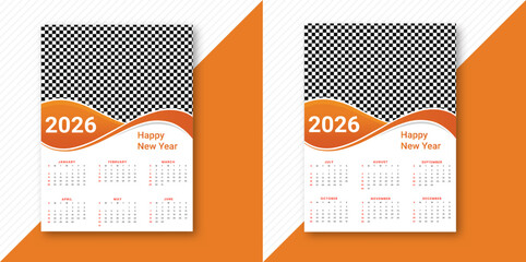 Modern 2026 calendar design template with orange wavy lines and placeholder for new year image Vector