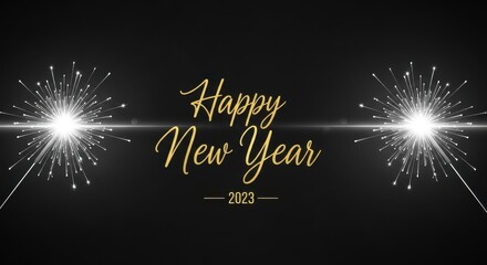 Sparkling happy new year greeting with golden text and fireworks