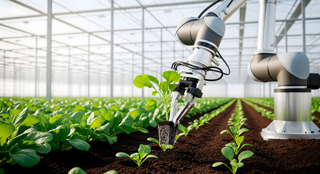 Robotic arm planting seedlings in a modern greenhouse for sustainable agriculture