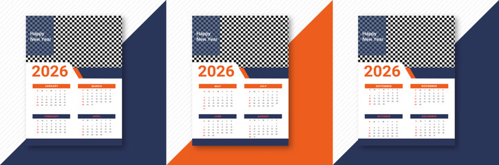 Modern 2026 wall calendar design template with geometric shapes, blue and orange accents for new year Vector
