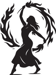 Woman dancing with fire trails silhouette vector
