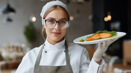 In a stylish restaurant, a young professional chef wearing a white uniform showcases a colorful salmon dish on a plate, reflecting culinary skill and creativity