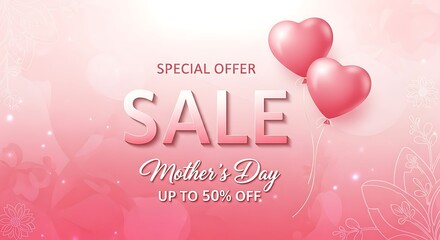 Mothers Day Special Sale Offer with Heart Balloons and Floral Design A Vibrant Pink Themed Promotion with Up to 50 Percent Off Discount