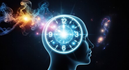 Clock face inside human head with cosmic background