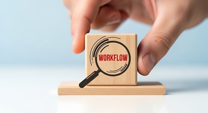 Hand holding wooden block with workflow text and magnifying glass icon against light blue background, business concept