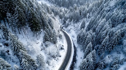 Dramatic aerial view of winding road through snow-covered forest landscape offers scenic winter travel and adventure inspiration