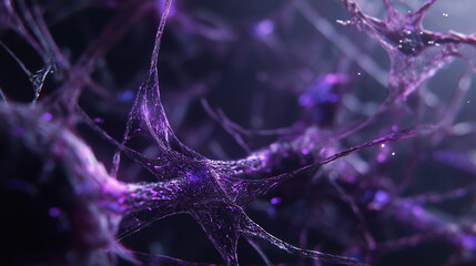Purple abstract brain cells, digital neural network, Microscopic Bio Connection Synapse Concept
